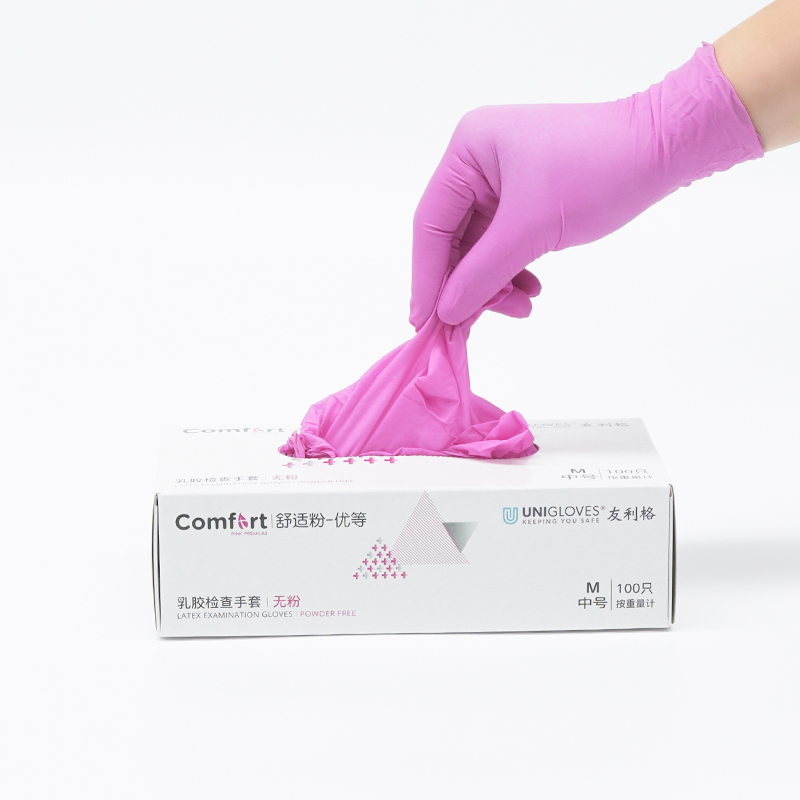 友利格舒適COMFORT U1500一次性無粉優等粉色乳膠檢查手套圖片3