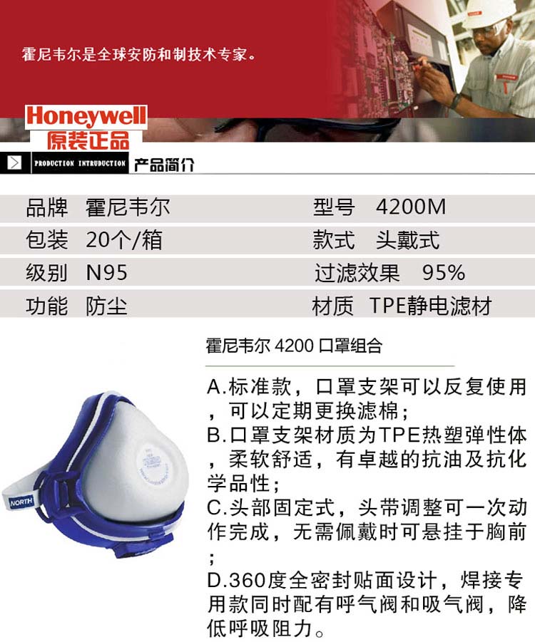Honeywell霍尼韋爾4200M 4200標準版防塵面具圖片1