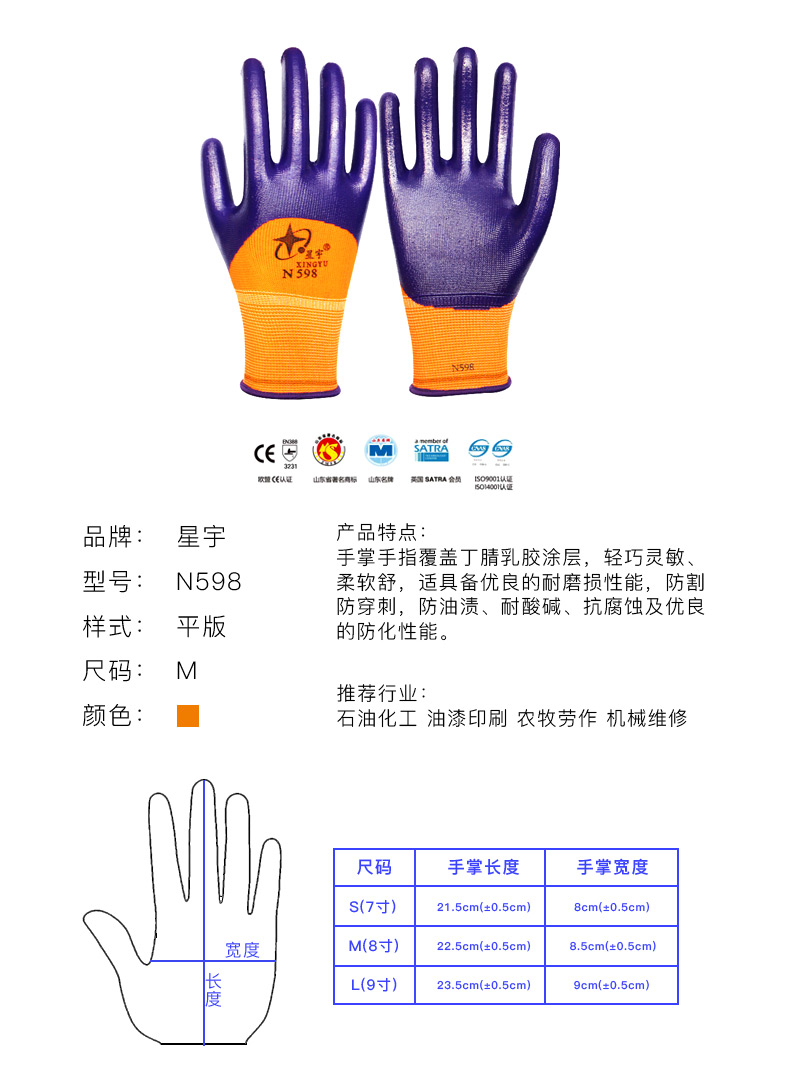 星宇N598尼龍丁腈半浸勞保手套圖片4