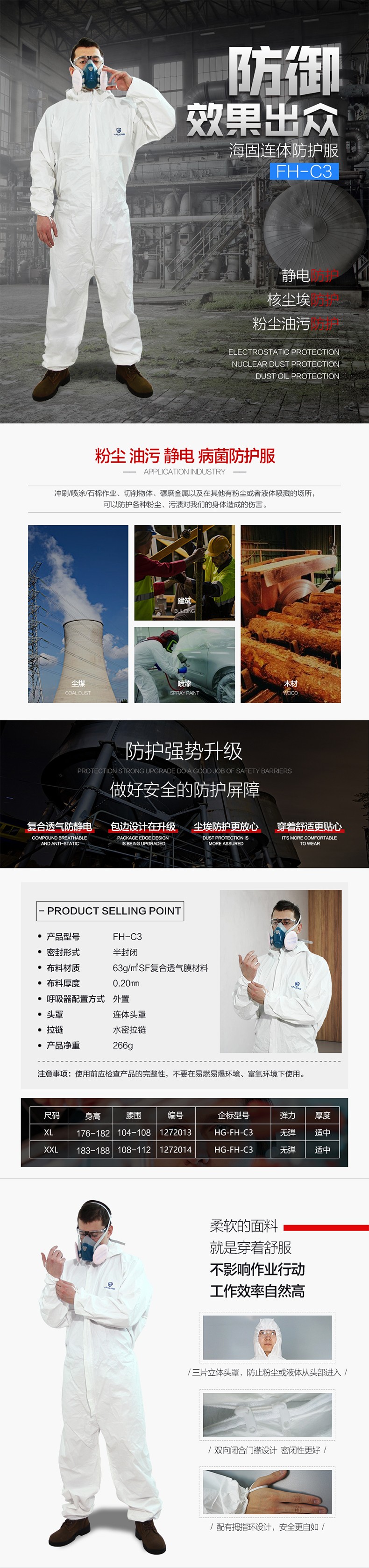 海固FH-C3優越連體防護服 連體防粉塵、油污、靜電、病菌防護服圖片1