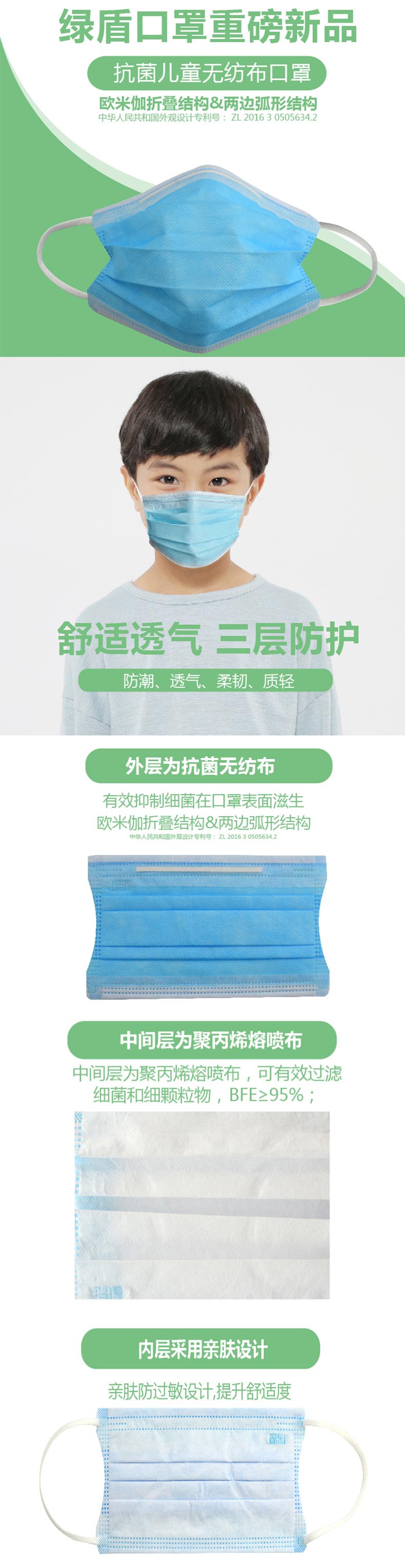 綠盾1008平面無紡布兒童口罩圖片
