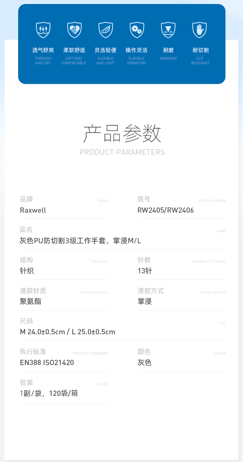 瑞氪維爾RW2406PU涂層3級防割手套圖片2