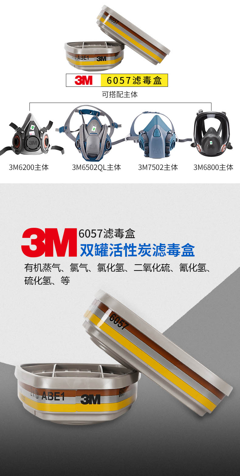 3M6057防護有機/無機/酸性氣體濾毒盒