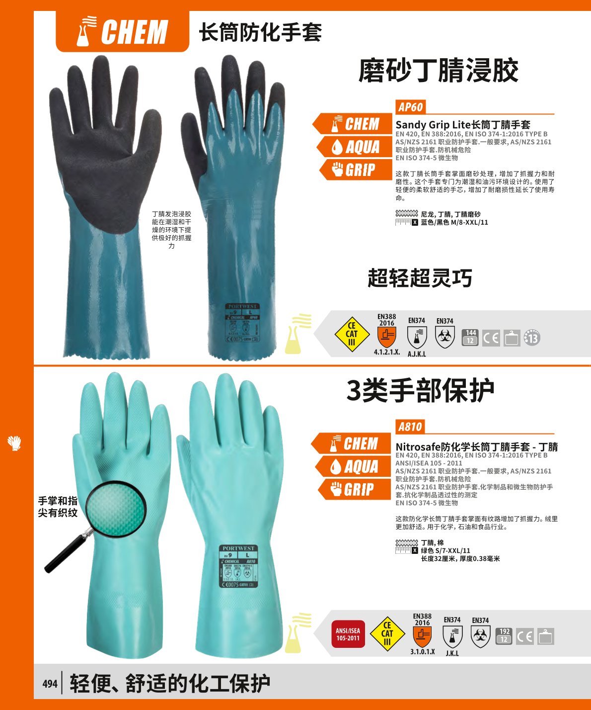 波偉斯特Portwest AP60 Sandy Grip Lite長筒丁腈防化手套1