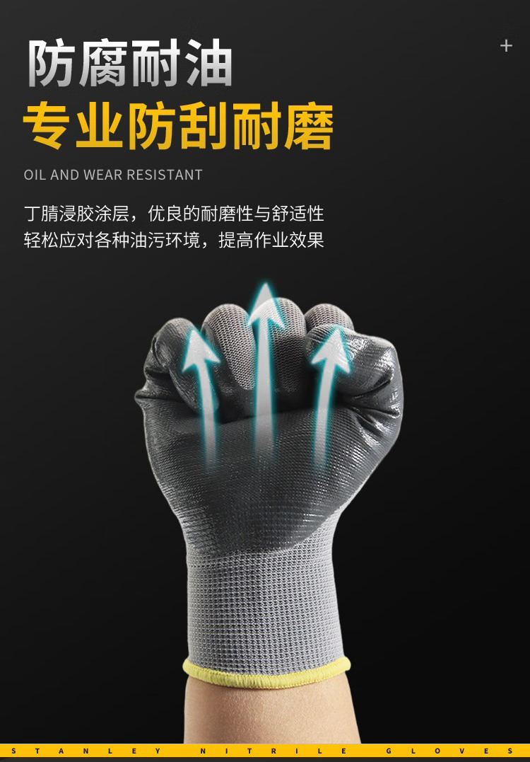 STANLEY史丹利ST5328灰色丁腈浸掌耐磨防滑勞保手套5