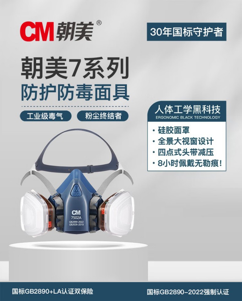 朝美7502A頭戴式藍色硅膠半面罩防毒面具1