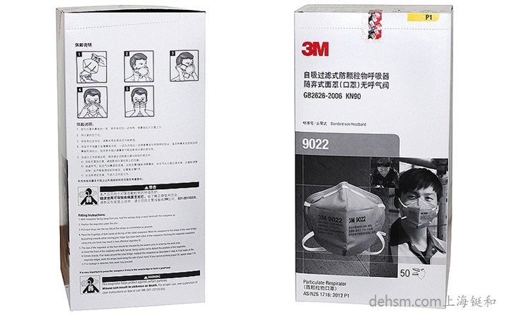 3M9022口罩50只/盒，包裝盒正反面圖