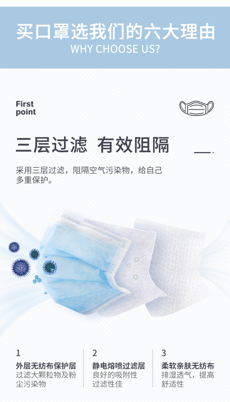 定和DH9001一次性使用無紡布口罩三層過濾材質